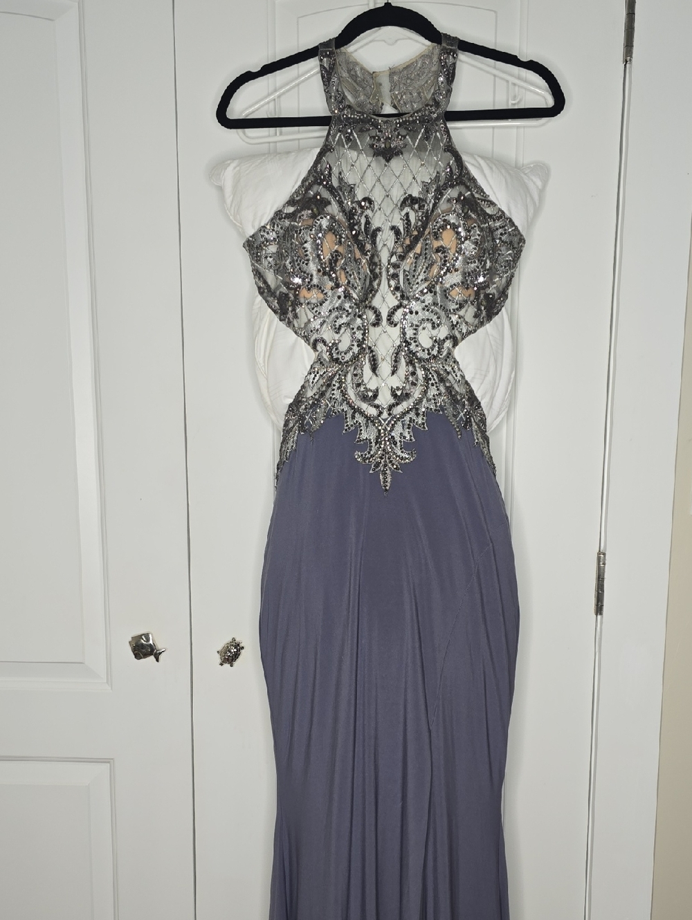Camille La Vie Silver Beaded Halter Gown in Slate Blue